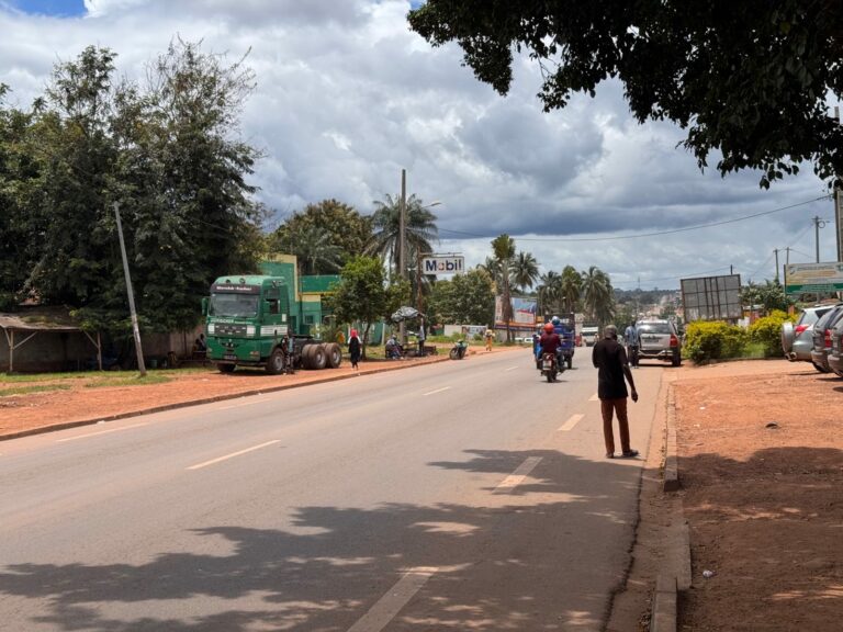 Main street of an inner Côte d'Ivoire town: truck parked by a fuel station, motorbikes and pedestrians under a rainy-season sky